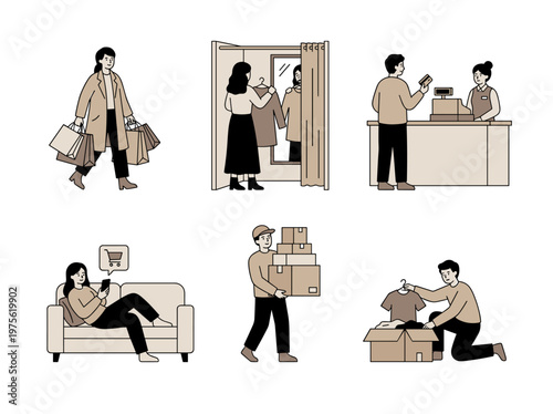 People shopping illustration set: retail store activities and online mobile commerce scenes