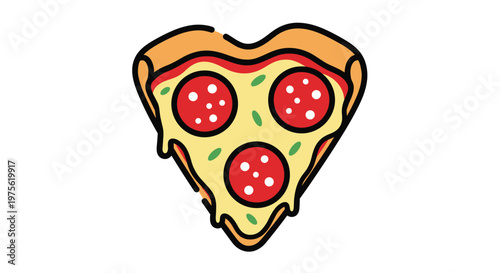 Single slice of delicious heart shaped pepperoni pizza with melted cheese and green herbs isolated on a white background.