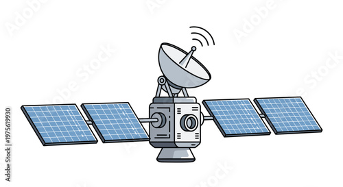 Advanced communication satellite with large solar panels and a dish antenna isolated on a white background.