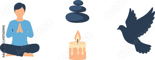 Meditation icons depict a person sitting in a lotus position, stone stacks, a glowing candle, and a flying dove.
