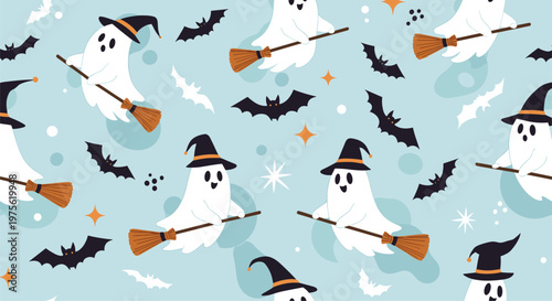 Spooky Halloween seamless pattern of ghosts flying on brooms among black bats and stars in a blue night sky.