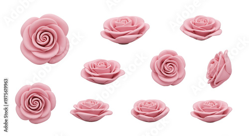3D multi angle pink rose flower asset sheet