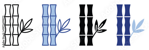 Bamboo icon showing segmented stalks and leaves in outline and solid styles, suitable for naturethemed graphic design, Asian branding, and ecofriendly marketing materials.