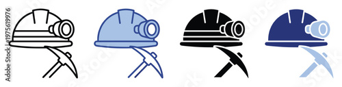 Safety equipment for miners including a protective hard hat with an attached headlamp and a sturdy pickaxe, depicted in a versatile collection of icons suitable for industrial safety