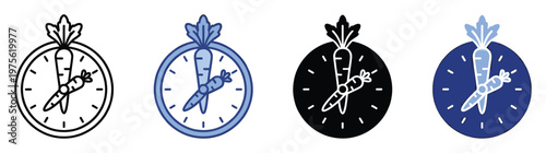 Carrot clock icon representing natural timing and healthy lifestyle, ideal for dietary planning applications, organic food reminders, or cooking recipe illustrations