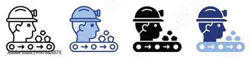 Miner and conveyor belt icon set depicting a worker with a headlamp and geometric minerals being transported, useful for industrial process graphics and resource management system