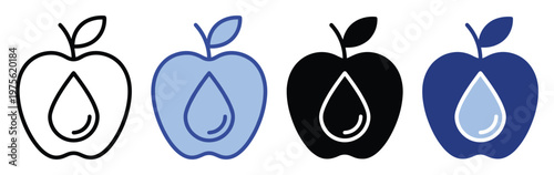 Vibrant apple and water drop icon set representing healthy hydration and natural fresh fruit juice, perfect for nutrition, organic food, or wellness product branding.