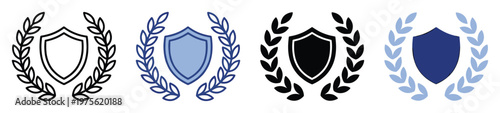 Shield and laurel wreath emblem vector set representing achievement, victory, and protection, ideal for award certificates, sports logos, quality badges, or academic insignia