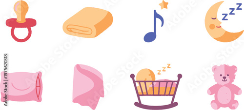 Baby accessories including a pacifier, blanket, pillow, and teddy bear create a soft and comforting collection for nursery themes.