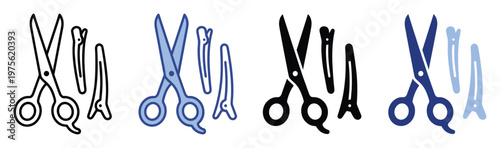 Collection of hairdresser scissors and hair clips symbols in various styles perfect for use as icons in beauty salon apps, barbershop websites, or hair styling advertisements