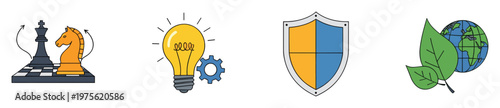 Collection of business concept icons illustrating strategic planning, innovative thinking, robust security, and environmental sustainability, perfect for corporate presentations and