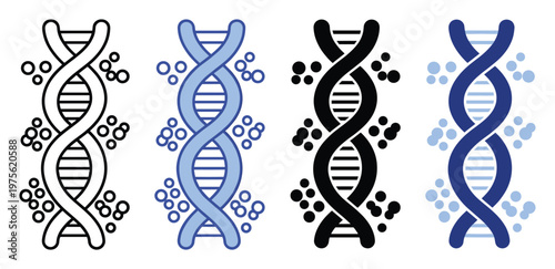 DNA double helix molecular structure with surrounding particles presented in various styles for scientific presentations, biotechnology research, and medical education materials.