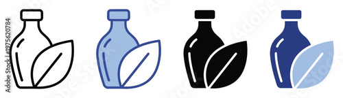 Natural product bottle and leaf icons showcasing organic essential oils skincare or eco friendly health solutions ideal for graphic design web applications and sustainable branding