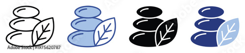 Versatile icon showcasing perfectly balanced smooth spa stones with a natural leaf, conveying tranquility, relaxation, and holistic wellness, ideal for health and personal care branding and
