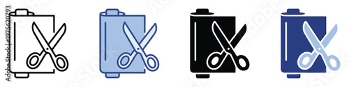 Versatile icons representing the process of cutting material from a roll using scissors, perfect for crafting guides, DIY projects, and creative production visuals