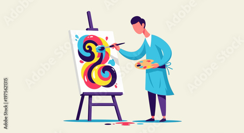 Artist painting abstract colorful artwork on easel, creative process, inspiration