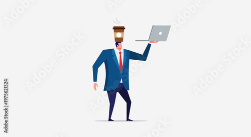 Businessman balancing coffee cup on head and holding laptop, multitasking concept