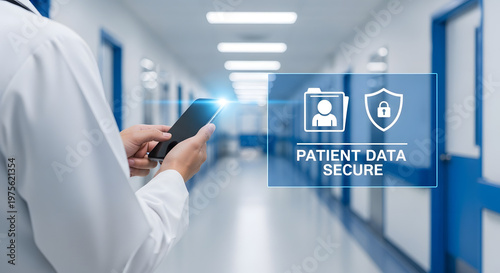 Medical professional utilizing advanced digital security protocols on a tablet to safeguard sensitive patient information within a modern healthcare environment