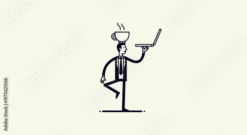 Businessman balancing laptop and hot coffee cup on head, symbolizing work-life balance