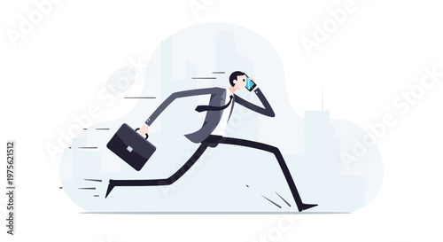 Businessman running with briefcase and talking on phone, busy lifestyle, urgent business call