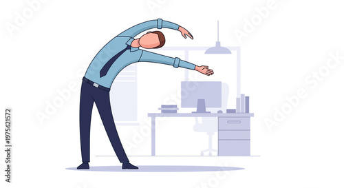 Businessman stretching at office desk, promoting wellness and productivity