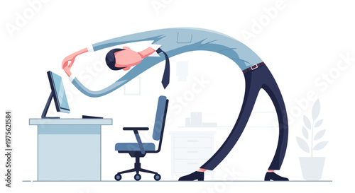 Businessman stretching at office desk, flexibility, stress relief, work-life balance concept