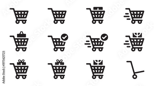 Speedy delivery shopping cart icons featuring check marks gift boxes and packages for fast shipping services.