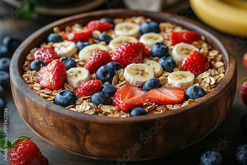 Healthy breakfast bowl with oats, strawberries, bananas, and blueberries