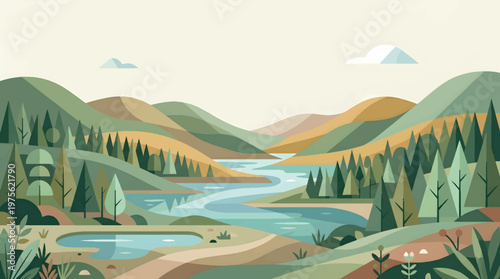 Flat landscape illustration with winding river, forest, and mountains in soft earthy tones for nature and travel background