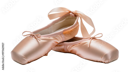 Obraz na płótnie Pair of pink satin ballet pointe shoes with ribbons, isolated on transparent bac