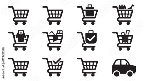 Various shopping cart icons showing full baskets, added items, and purchase confirmation for online shopping.