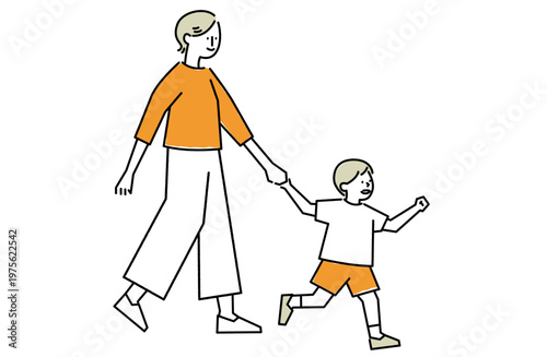手を繋いで歩く小さな子供と女性
