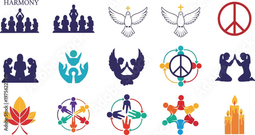 Harmony and unity concepts are represented by a collection of diverse community and spiritual icons.