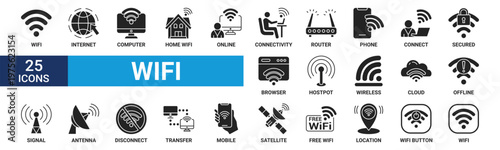 Wifi icon set. Containing internet, computer, online, connectivity, router, phone, connect, secured, browser and more. Glyph vector icons collection.
