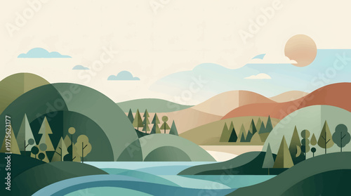 Colorful flat landscape with lake, hills, forest, and sunny sky in modern illustration style for travel and nature concept
