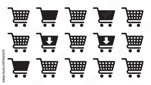 Black shopping cart icons for ecommerce business and online shopping applications use simple outline design.