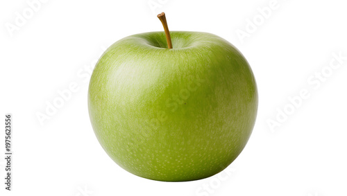 Single green apple with stem, isolated on transparent background