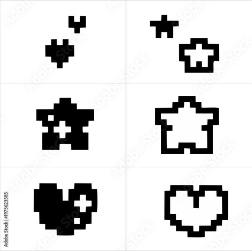 Heart and star icon in pixel. Vector illustration isolated in white background. Cute element for graphic design