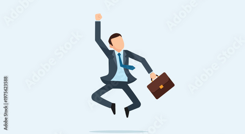 Excited businessman jumping with joy, holding briefcase, celebrating success
