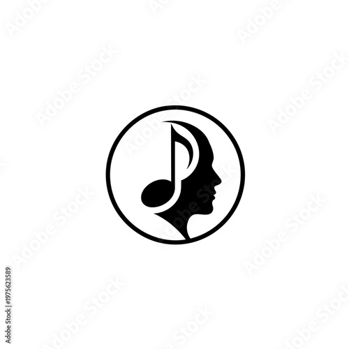 Music Note Profile Logo, Silhouette Head With Musical Note Inside Circular Emblem.