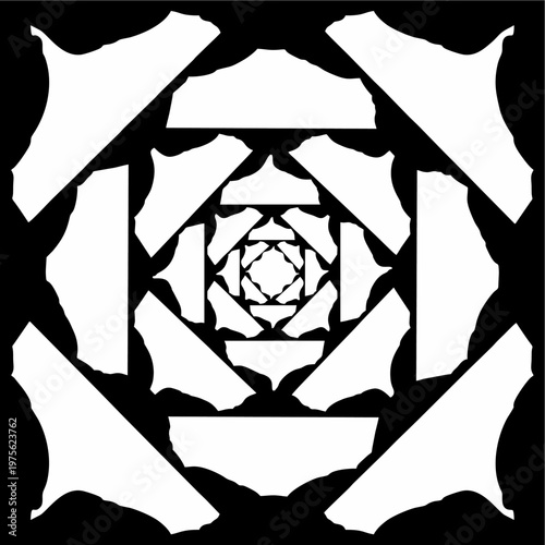 A symmetrical floral geometric pattern featuring repeating petal shapes arranged in a structured grid layout. Designed in a bold monochrome style, this motif combines simplicity with decorative elegan