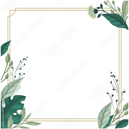 A delicate square wreath made of soft green leaves arranged in a minimalist and elegant style. This botanical frame creates a natural and calming aesthetic, perfect for wedding invitations, greeting