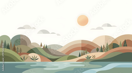Minimal flat landscape illustration with lake, mountains, and warm sun tones for nature, environment, and travel concept