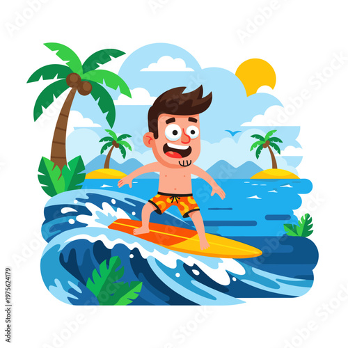 Happy Cartoon Man Surfing on Ocean Waves Tropical Beach Summer Vacation Illustration