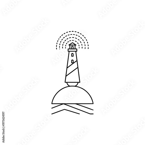 Minimal Line Art Lighthouse Beacon on Island With Nautical Waves and Radio Signal Icon.