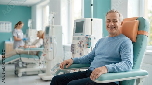 Male patient undergoing hemodialysis treatment in a modern hospital setting, seated comfortably in a medical chair with dialysis machines visible in the background