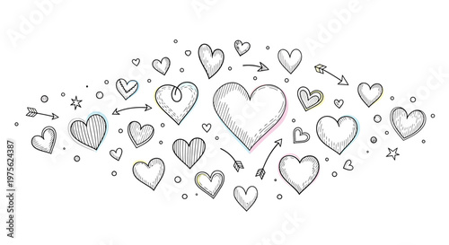 Hand-drawn doodle heart collection with arrows and dots, a charming sketch array expressing love and romance, ideal for Valentine's Day designs and heartfelt greetings