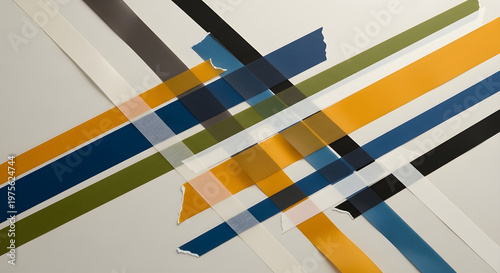 Vibrant geometric shapes intersect on a white surface creating an abstract composition with colorful lines and rectangles.
