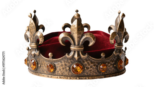Ornate antique crown with amber jewels and red velvet lining, isolated on transparent background