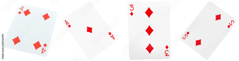 Obraz premium Four poker playing cards, including ace, three, four, and five of diamonds.
